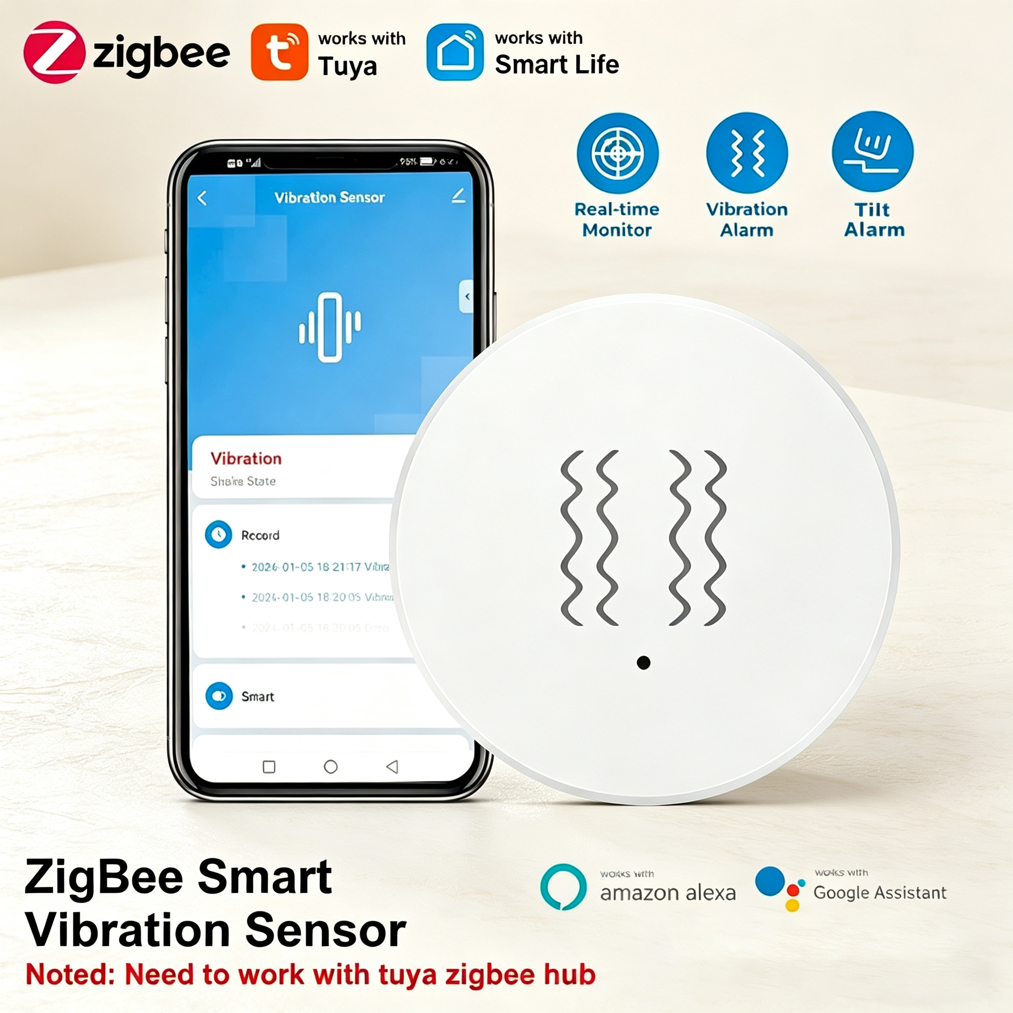 Home Security Monitor - Tuya ZigBee Smart Vibration & Tilt